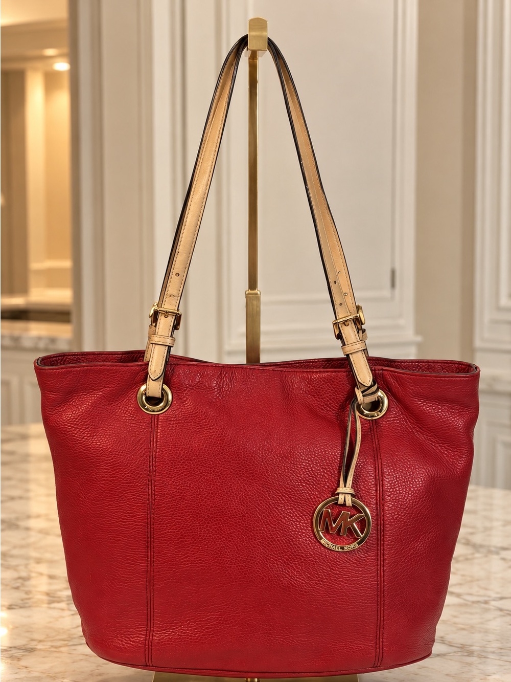 NEW MICHAEL KORS JET SET CRIMSON RED PEBBLE LEATHER TAN HANDLES TOTE SATCHEL